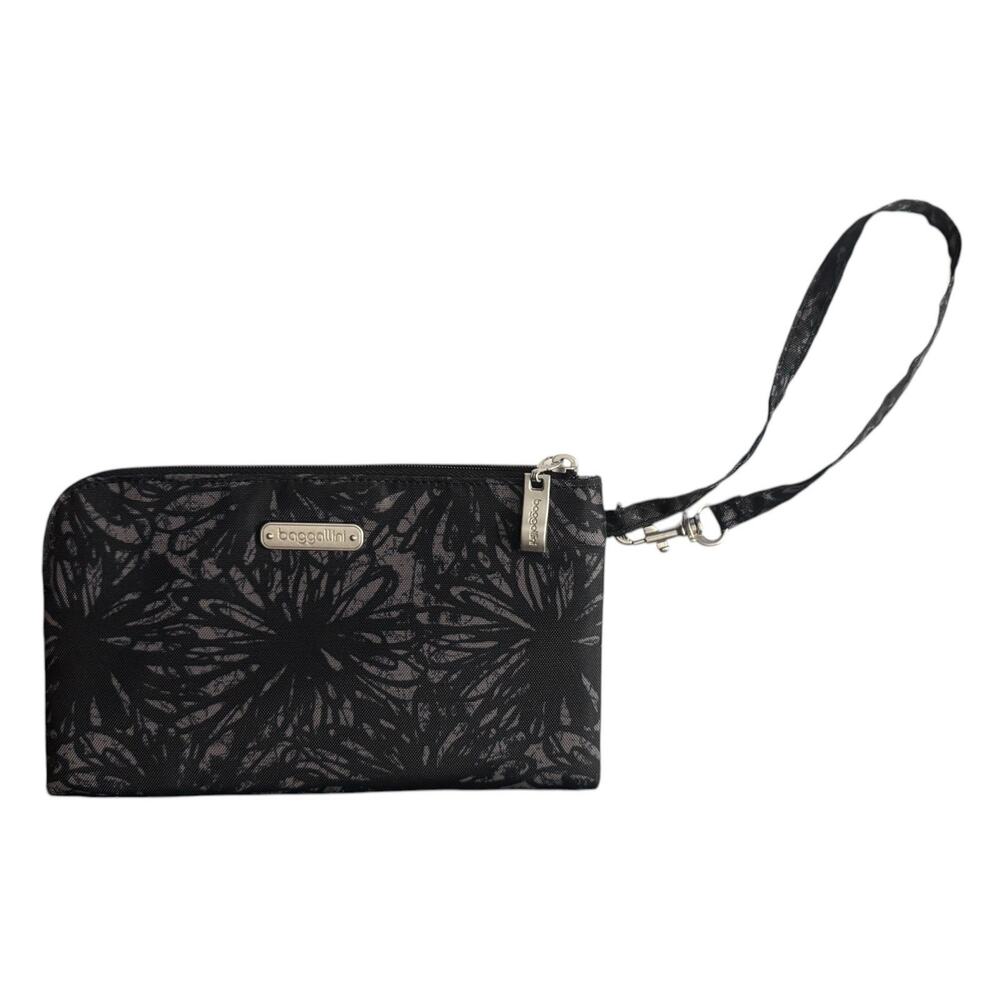 Baggallini RFID Onyx Floral Go Phone Wristlet Clutch Zip Wallet Black/Gray